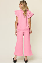 Load image into Gallery viewer, Double Take Texture Ruffle Short Sleeve Top and Drawstring Wide Leg Pants Set