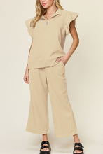 Load image into Gallery viewer, Double Take Texture Ruffle Short Sleeve Top and Drawstring Wide Leg Pants Set