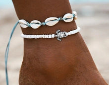 Load image into Gallery viewer, 2PCS Boho Turquoise Shell Anklet with White Turtle Bead Ankle Bracelet