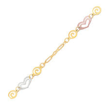 Load image into Gallery viewer, 14k Tri-Color Gold Anklet with Multi Color Heart Stations