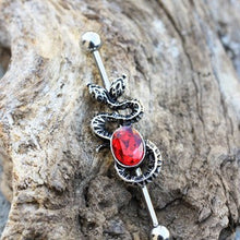 Load image into Gallery viewer, 316L Stainless Steel Two-Headed Snake with Ruby Red CZ Industrial Barbell