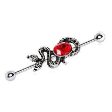 Load image into Gallery viewer, 316L Stainless Steel Two-Headed Snake with Ruby Red CZ Industrial Barbell