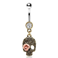 Load image into Gallery viewer, Pink Rose Skull Dangle Navel Ring