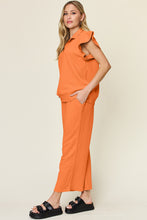 Load image into Gallery viewer, Double Take Texture Ruffle Short Sleeve Top and Drawstring Wide Leg Pants Set
