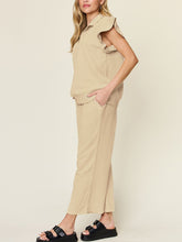 Load image into Gallery viewer, Double Take Texture Ruffle Short Sleeve Top and Drawstring Wide Leg Pants Set
