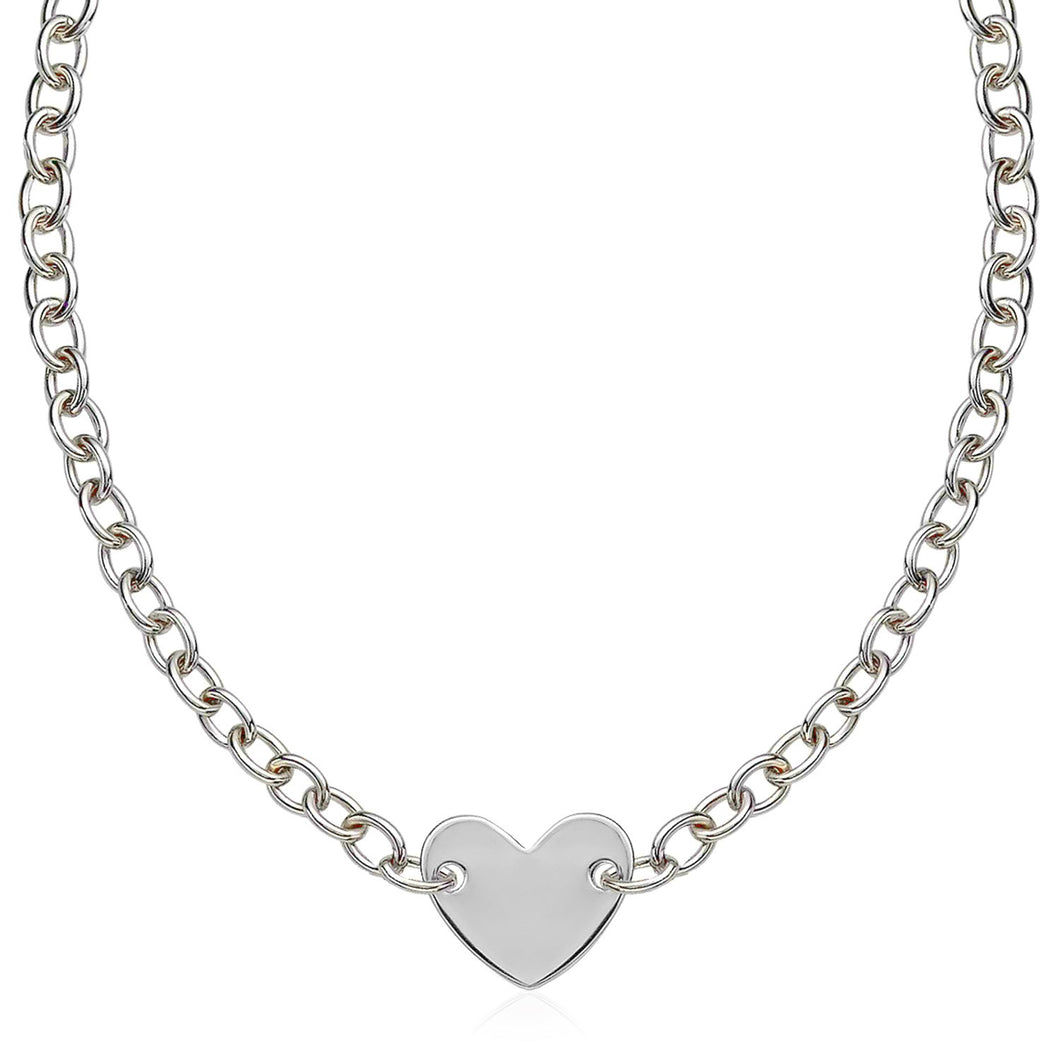 Sterling Silver Rhodium Plated Chain Bracelet with a Flat Heart Motif Station