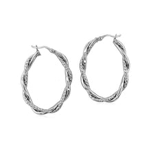 Load image into Gallery viewer, Sterling Silver Oval Hoop Braided Diamond Cut Earrings
