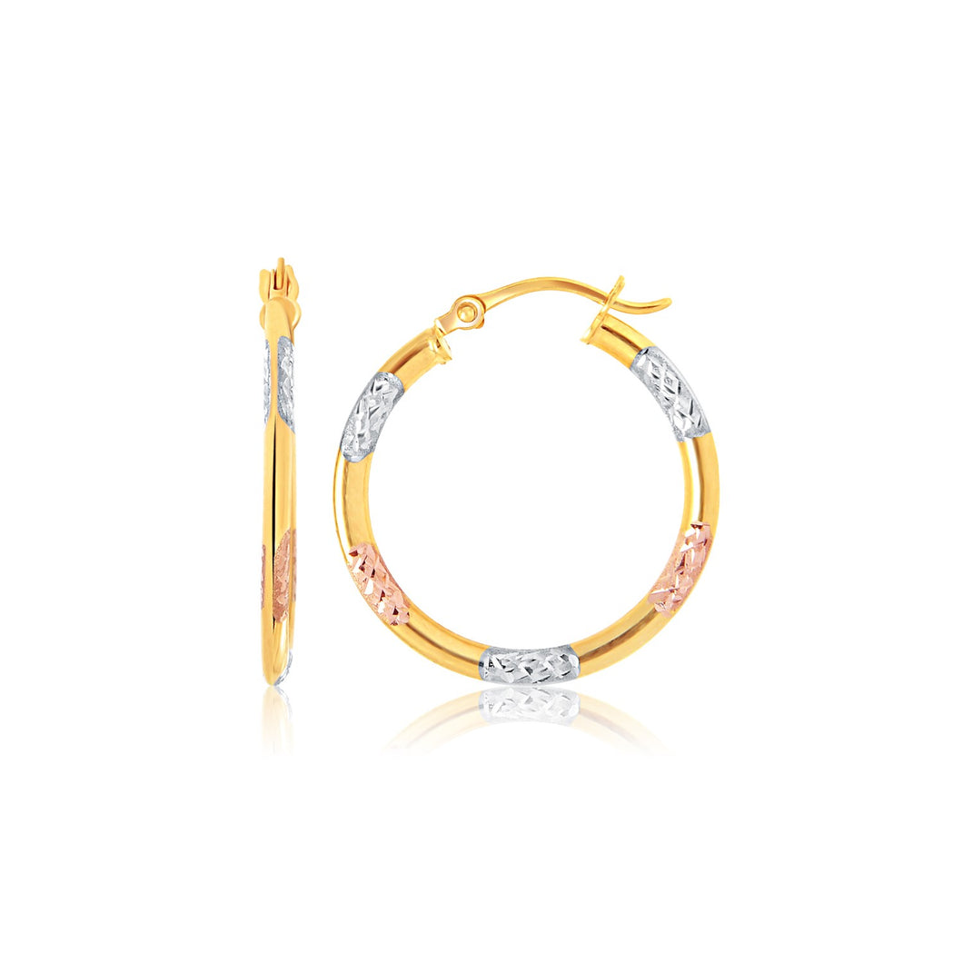 14k Tri-Color Gold Classic Hoop Earrings with Diamond Cut Details