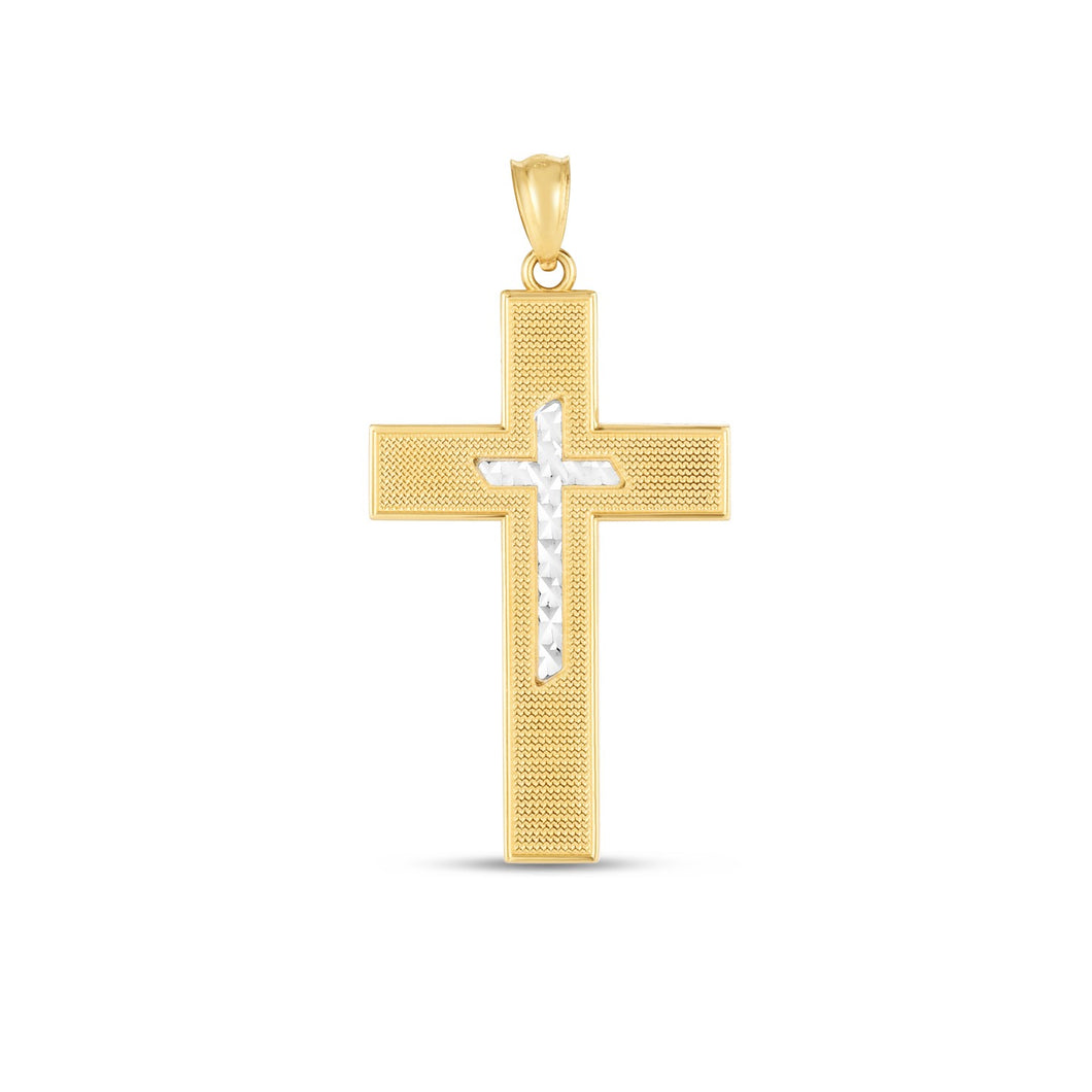 14k Two Tone Gold High Polish Diamond Cut Cross Pendant