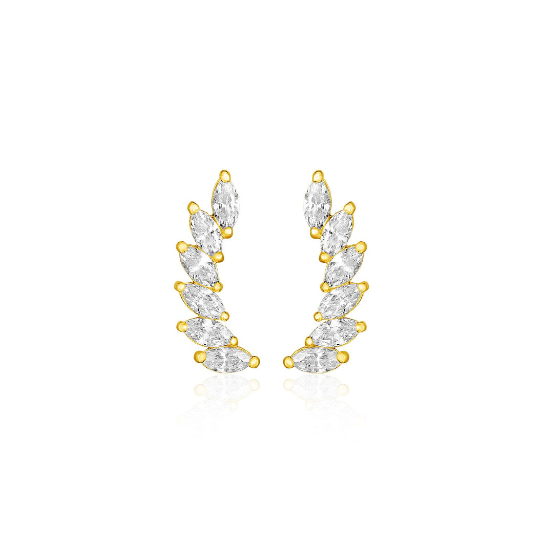 14k Yellow Gold Leaf Motif Climber Post Earrings with Marquise Cubic Zirconias