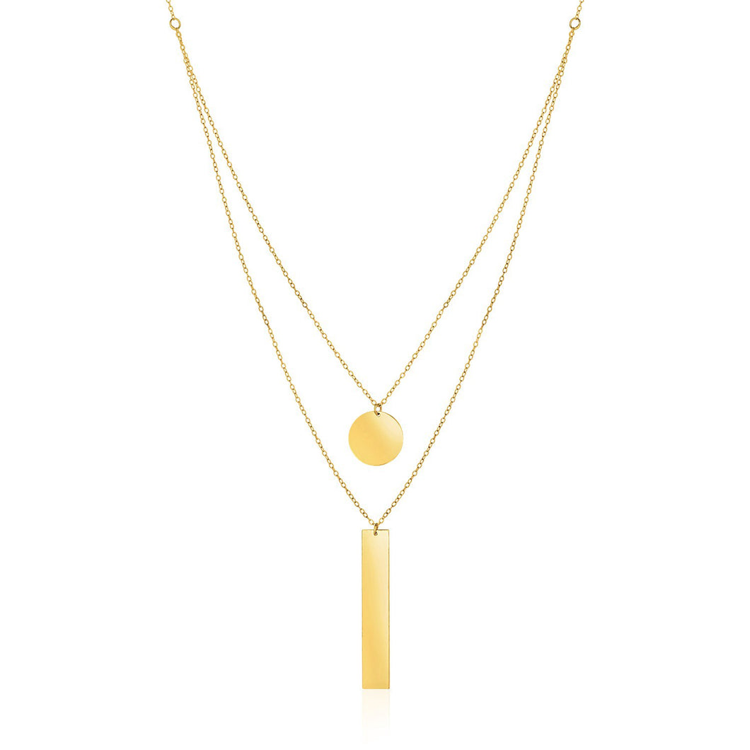 14k Yellow Gold 18 inch Two Strand Necklace with Circle and Bar Pendants