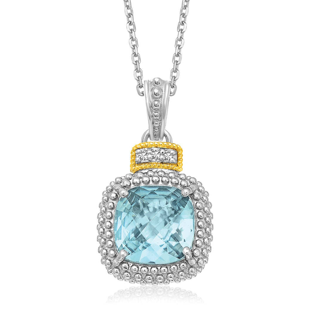 18k Yellow Gold & Sterling Silver Popcorn Sky Blue Topaz and Diamond Pendant