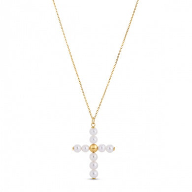 14k Yellow Gold Pearl Cross Pendant-0