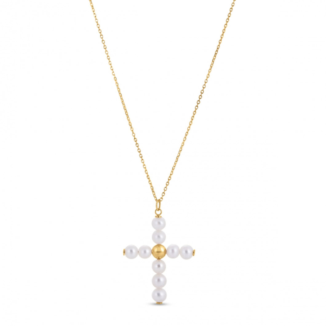 14k Yellow Gold Pearl Cross Pendant-0