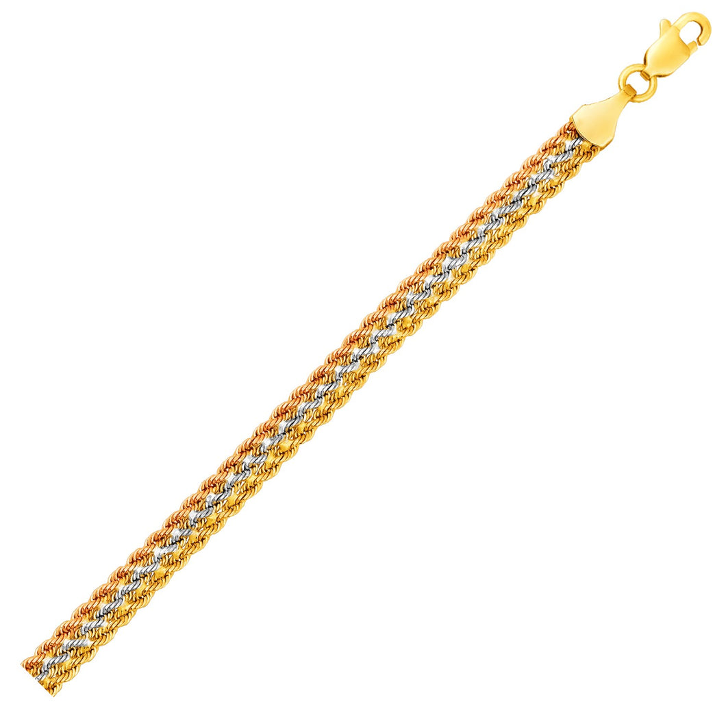 Tri-Toned Multi-Strand Rope Chain Bracelet in 10k Yellow   White   and Rose Gold