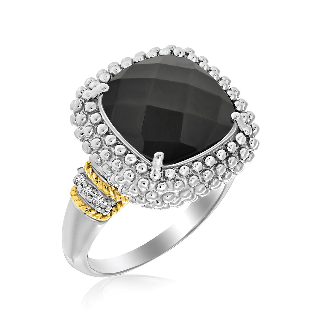 18k Yellow Gold & Sterling Silver Black Onyx and Diamond Popcorn Cushion Ring-0