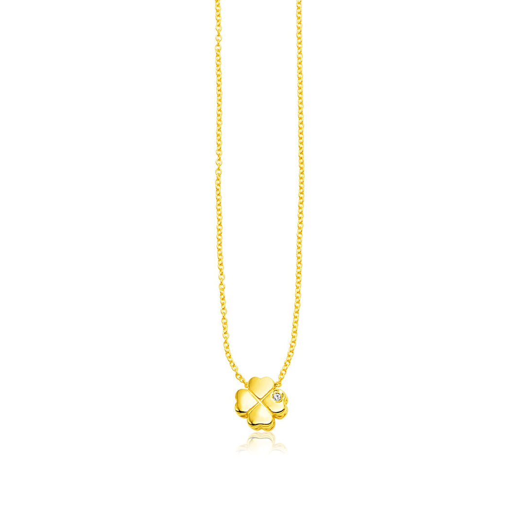 14k Yellow Gold Polished Four Leaf Clover Necklace with Diamond