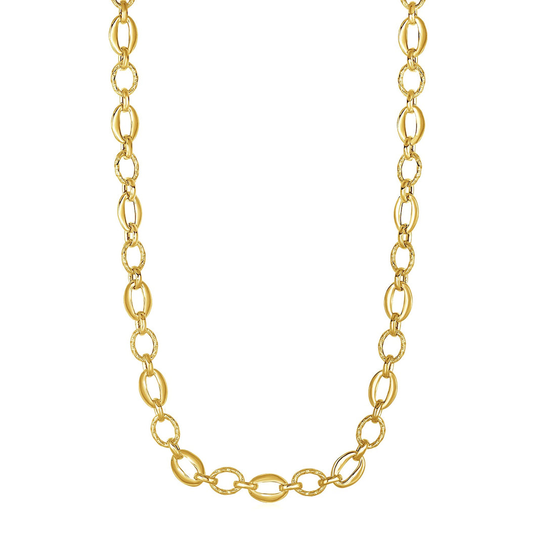 Shiny and Textured Oval Link Necklace in 14k Yellow Gold