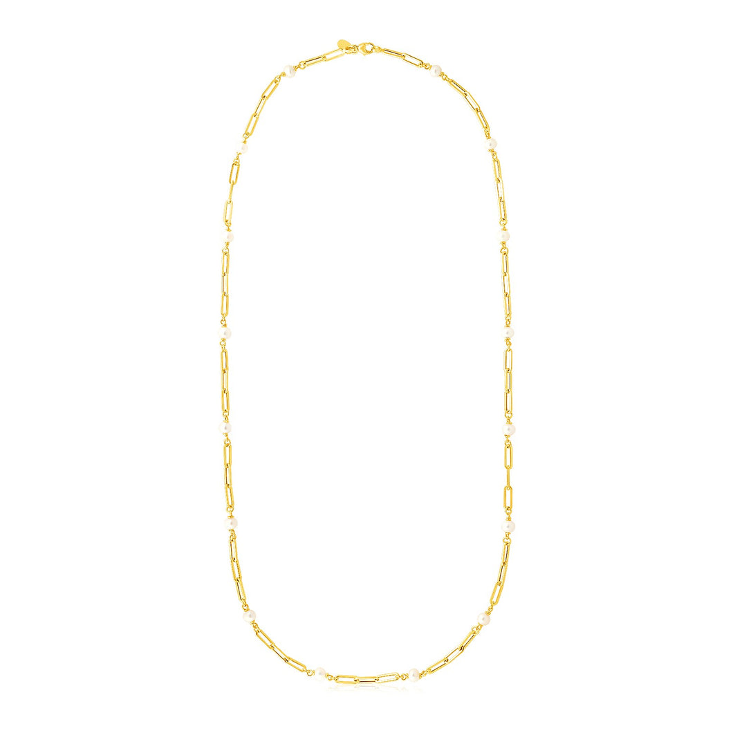 14k Yellow Gold Paperclip Chain and Pearl Necklace