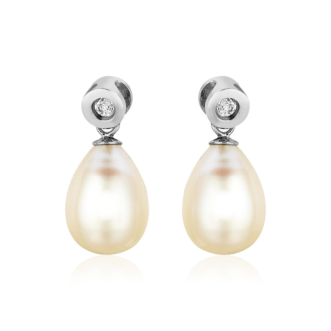 Sterling Silver Earrings with Pear Shaped Freshwater Pearls and Cubic Zirconias