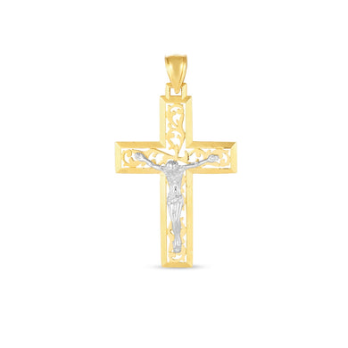 14k Two Tone Gold High Polish Diamond Cut Cross Pendant-0