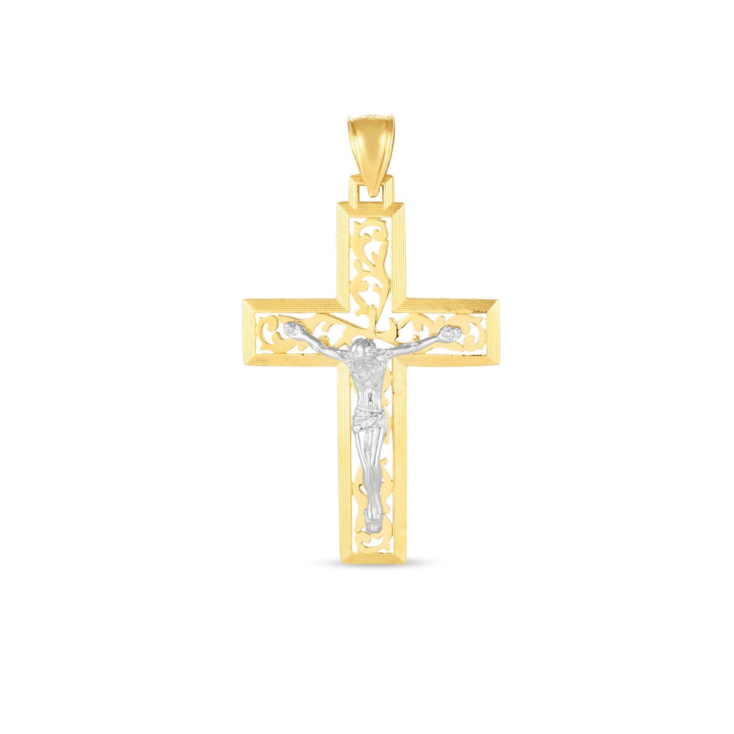 14k Two Tone Gold High Polish Diamond Cut Cross Pendant-0