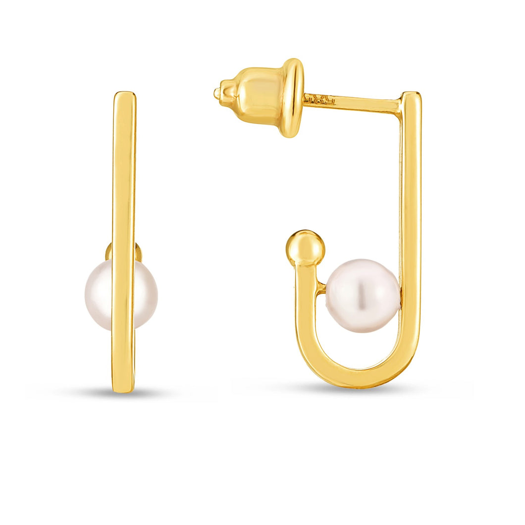 14k Yellow Gold J Hoop Pearl Earrings-0