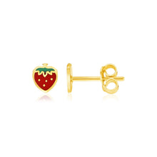 Load image into Gallery viewer, 14k Yellow Gold Enameled Strawberry Childrens Earrings
