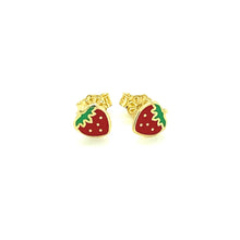 Load image into Gallery viewer, 14k Yellow Gold Enameled Strawberry Childrens Earrings
