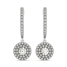 Load image into Gallery viewer, 14k White Gold Double Halo Round Diamond Drop Earrings (1 cttw)
