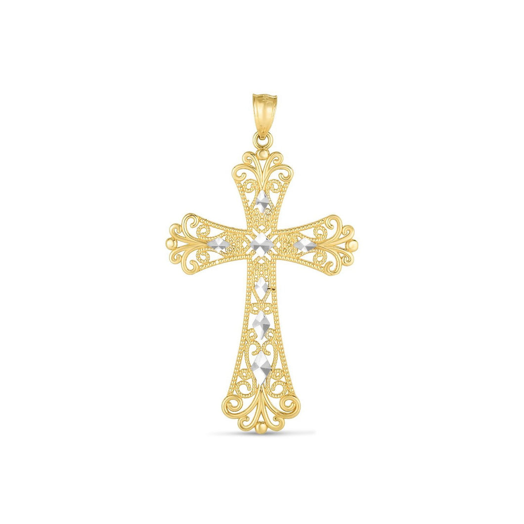 14k Two Tone Gold High Polish Diamond Cut Cross Pendant