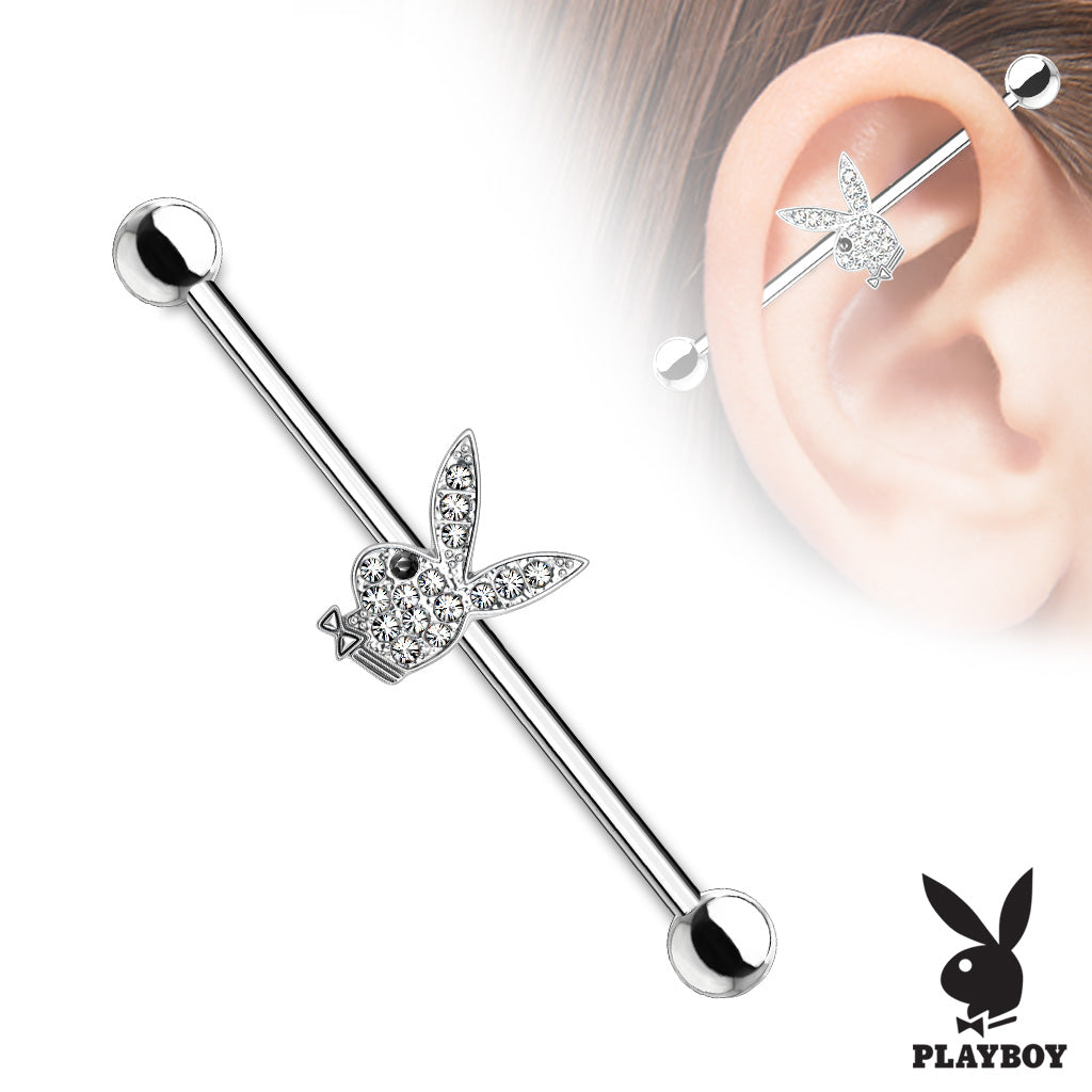 Clear Crystal Paved Playboy Bunny with Black Gem Eye 316L Surgical Steel Industrial Barbell