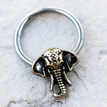 Load image into Gallery viewer, 316L Stainless Steel Antique Bronze Plated Elephant Snap-in Captive Bead Ring
