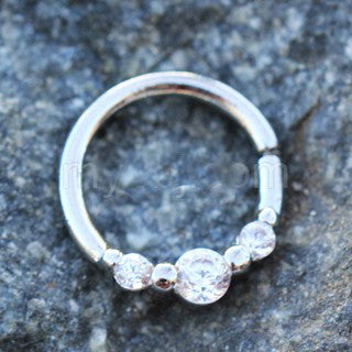 316L Stainless Steel Clear CZ Trio Annealed Seamless Ring / Septum Ring