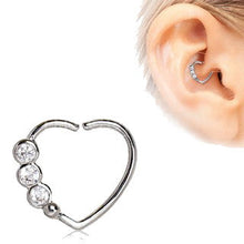 Load image into Gallery viewer, 316L Stainless Steel Triple CZ Heart Annealed Cartilage Earring
