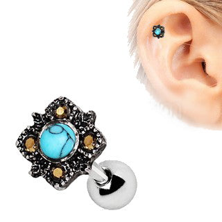 316L Stainless Steel Square Filigree Cartilage Earring with Turquoise