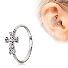 Load image into Gallery viewer, 316L Stainless Steel Jeweled Cross Cartilage Earring / Nose Hoop Ring
