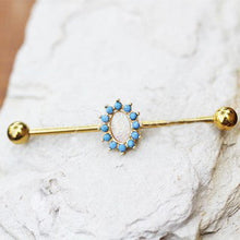 Load image into Gallery viewer, Gold Plated Halo White Synthetic Opal Industrial Barbell
