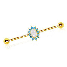 Load image into Gallery viewer, Gold Plated Halo White Synthetic Opal Industrial Barbell
