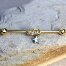 Load image into Gallery viewer, Gold Plated Jeweled Safety Pin and Star Industrial Barbell
