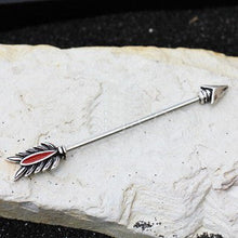 Load image into Gallery viewer, 316L Stainless Steel Antique Tribal Arrow Industrial Barbell with Red Feather
