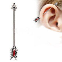 Load image into Gallery viewer, 316L Stainless Steel Antique Tribal Arrow Industrial Barbell with Red Feather
