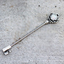 Load image into Gallery viewer, 316L Stainless Steel Victorian Heart Key Industrial Barbell with Synthetic Opal
