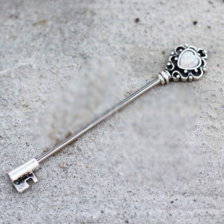 316L Stainless Steel Victorian Heart Key Industrial Barbell with Synthetic Opal