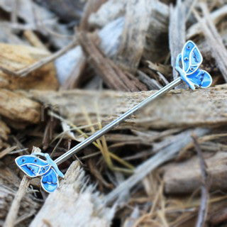 316L Stainless Steel Double Blue Butterfly Industrial Barbell