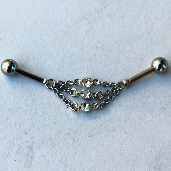 316L Stainless Steel Jeweled Triple Chain Industrial Barbell