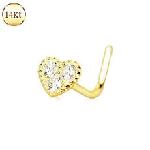 Load image into Gallery viewer, 14Kt Yellow Gold Clear CZ Heart L Bend Nose Ring
