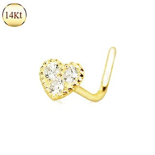 14Kt Yellow Gold Clear CZ Heart L Bend Nose Ring