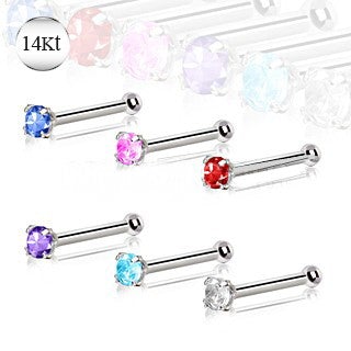 14Kt White Gold Stud Nose Ring with Prong Setting Gem