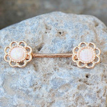 Load image into Gallery viewer, Rose Gold Synthetic Opal Flower Nipple Bar
